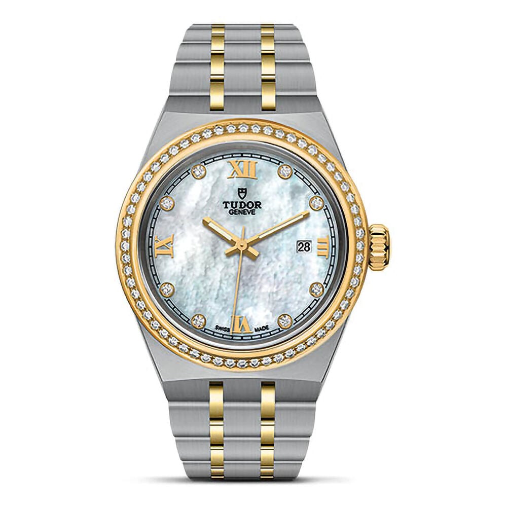 TUDOR Royal 28mm Mother of Pearl Dial Yellow Gold Bezel Bracelet Watch image number 0